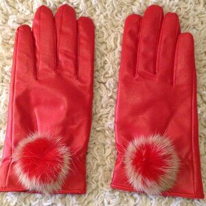 NWOT Red Leather "S" Gloves w/Rabbit Pom Pom Ladylike Quiet Lux Avant Garde Chic
